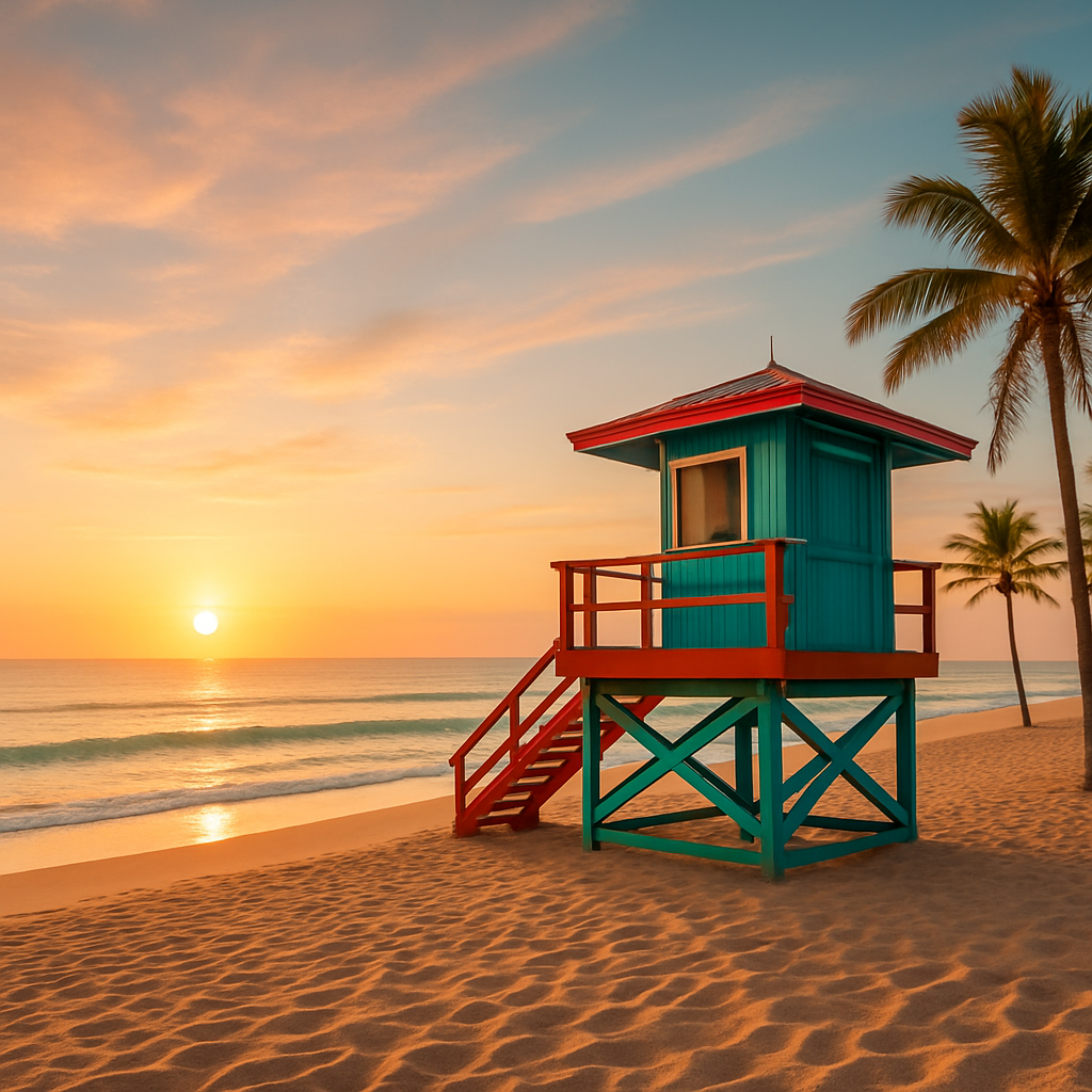 Beautiful Florida beach with colorful lifeguard tower in Volusia County